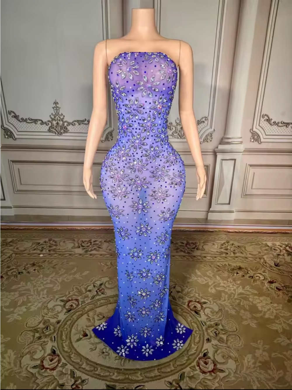 Rhinestone Crystals Long Dress for Women Transparent Evening Gown